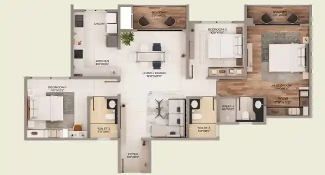 Purva Horizon Apartment 3 BHK Floor plan by Puravankara Group located at Hennur Road, Bangalore Karnataka